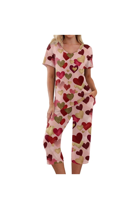 Valentines Pj Sets for Woman V Neck Short Sleeve Sleepwear Top and Capri Pjs Heart Print Pjs Lounge Set with Pockets