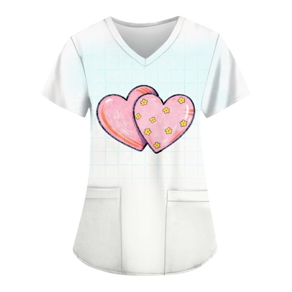 Garbnen Valentines Scrub Top Heart Pattern Short Sleeve V Neck Workwear for Nurses Spring Summer Stretch Uniforms Scrubs for Women with Pocket