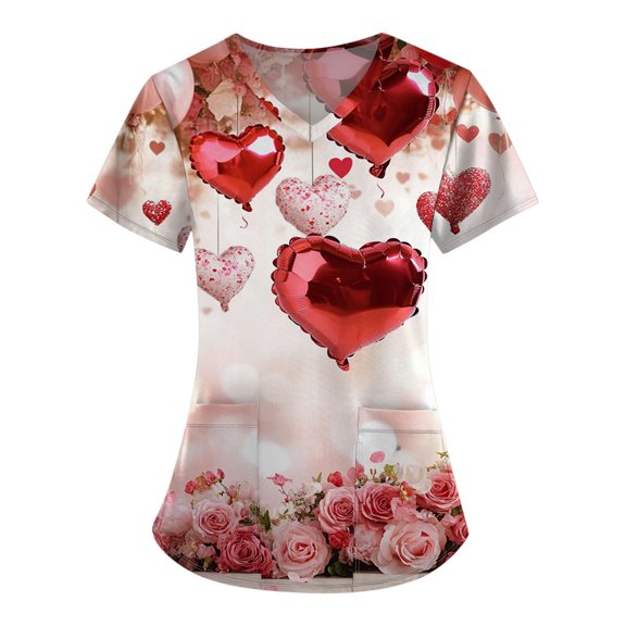 Garbnen Valentines Scrub Top Plus Size Love Heart Graphic Short Sleeve V Neck Work Shirts Women with Pocket Stretch Nursing Uniforms for Women S-5XL