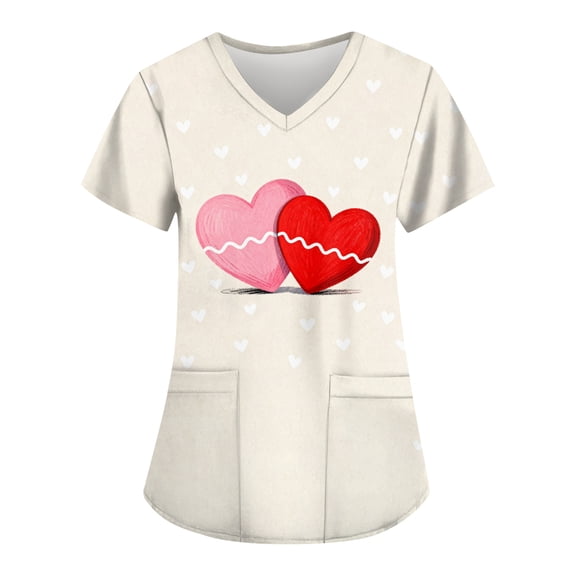 Garbnen Valentines Scrub Tops Women Cute Heart Print Short Sleeve V Neck Work Shirts for Women Spring Summer Stretch Nursing Scrubs with Pocket