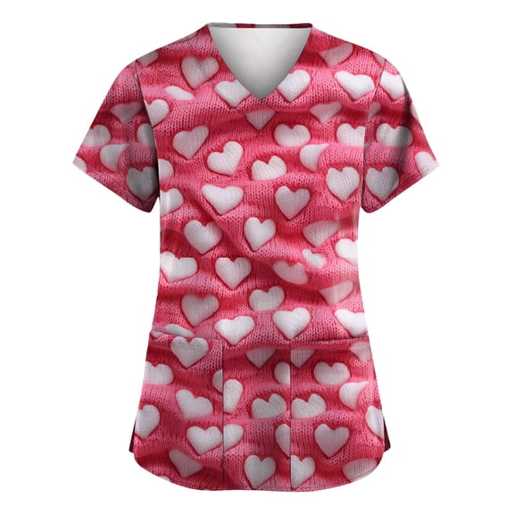 Garbnen Valentines Scrub Tops Women Plus Size Cute Heart Print Short Sleeve Scrubs for Women with Pocket Stretch V Neck Workwear Tops for Women S-5XL