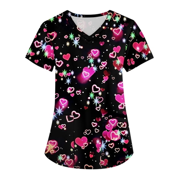 Garbnen Valentines Scrub Workwear Women Short Sleeve V Neck Love Heart Pattern Uniforms Scrubs for Women with Pockets