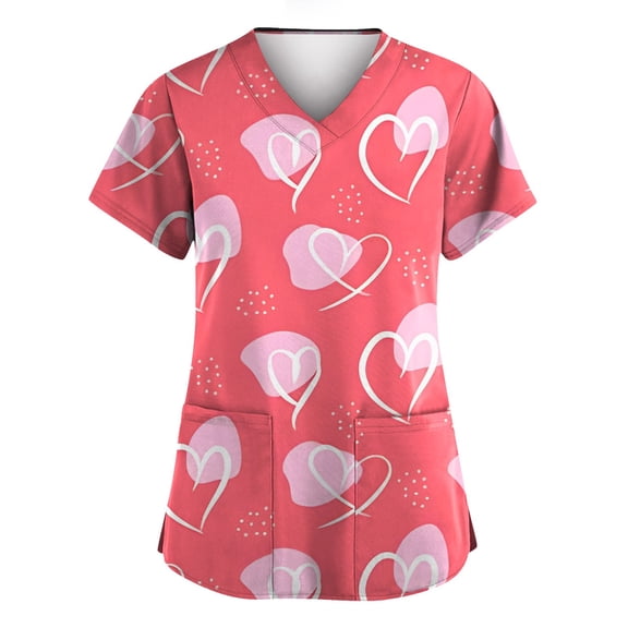 Garbnen Valentines Scrubs Heart Graphic Nurse Uniform Short Sleeve V Neck Womens Work Shirt S-5XL with Pocket
