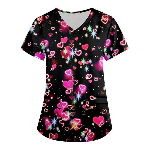 Garbnen Valentines Scrubs Love Heart Pattern V Neck Short Sleeve Nursing Uniforms for Women Spring Winter Womens Tops Work Fall S-5XL with Pocket