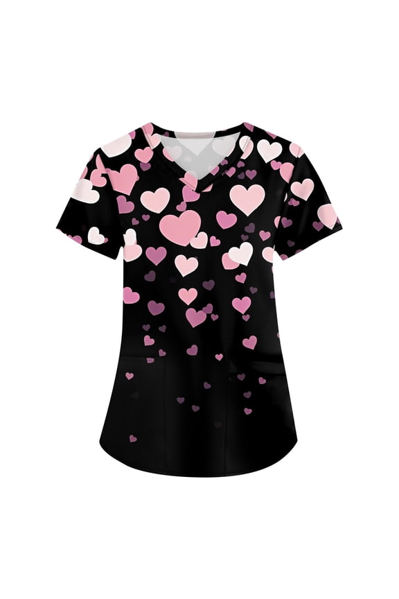 Valentines Scrubs Tops for Women Cute Heart Print V Neck Short Sleeve Uniforms Scrubs for Women Spring Winter Womens Work Clothes S-5XL with Pocket