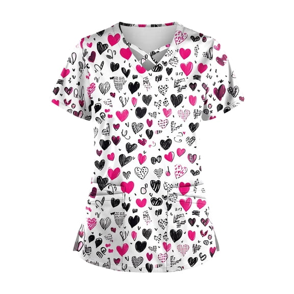Garbnen Valentines Scrubs Tops for Women Plus Size V Neck Heart Graphic Short Sleeve Stretch Nurse Uniform with Pocket Workwear for Nurses S-5XL