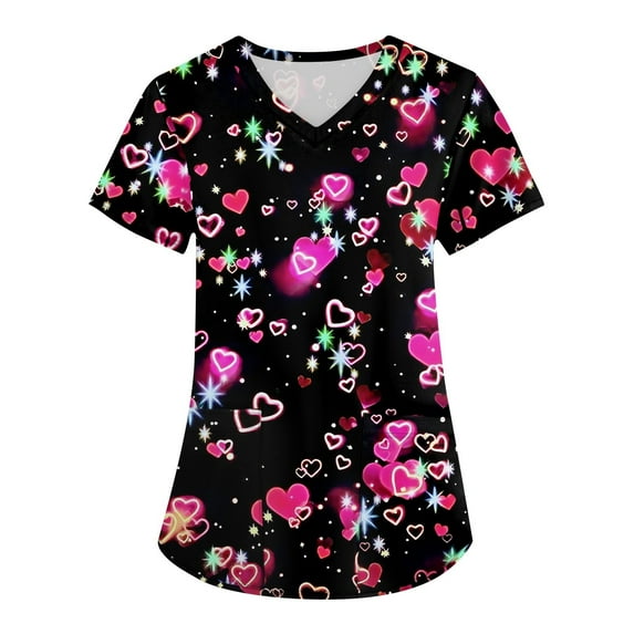 Garbnen Valentines Scrubs for Women Cute Heart Print V Neck Short Sleeve Nursing Uniforms Spring Winter Workwear Women S-5XL with Pocket