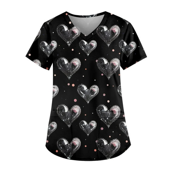 Garbnen Valentines Scrubs for Women Womens Tops Workwear Short Sleeve V Neck Love Print Nursing Scrubs for Women with Pockets