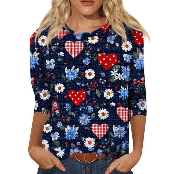 Garbnen Valentines Shirts for Women 3/4 Sleeve Shirts for Women Love Heart Print Crew Neck Dressy Comfy Tee