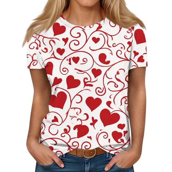 Garbnen Valentines Shirts for Women Short T Shirts for Women Heart Print Crew Neck Dressy Womens Pullover