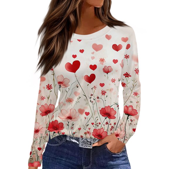 Garbnen Valentines Womens Tops Heart Print Crew Neck Long Sleeves Shirts for Women Fashion Spring Summer Womens Graphic T Shirts