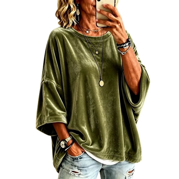 Garbnen Velvet Batwing 3/4 Sleeves Womens Crewneck Sweatshirt Drop Shoulder Oversized Sweatshirt for Women Dressy Casual Trendy Fall Vintage Retro Pullover Sweaters Women