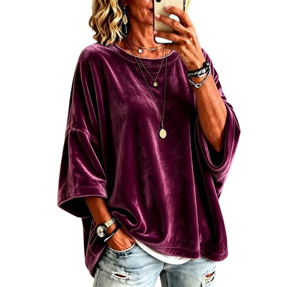 Garbnen Velvet Batwing 3/4 Sleeves Womens Crewneck Sweatshirt Drop Shoulder Womens Oversized Sweatshirt Dressy Casual Trendy Fall Vintage Retro Pullover Sweaters for Women