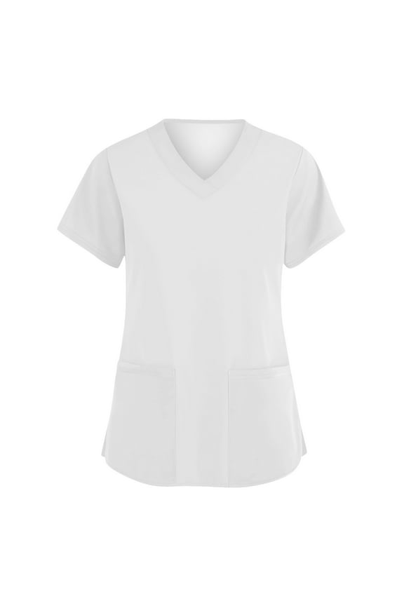 White Scrub Top Women Stretch V Neck Short Sleeve Nurse Uniforms with Pocket Solid Color Fall shirts for Women S-5XL