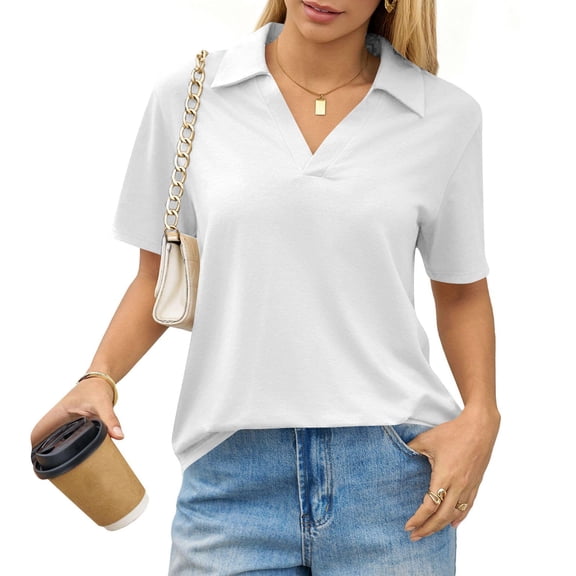 Garbnen White Womens Polo Shirt Fitted Dressy Collared Short Sleeve Shirts for Women V Neck Spring Summer Business Womens Tunic Tops