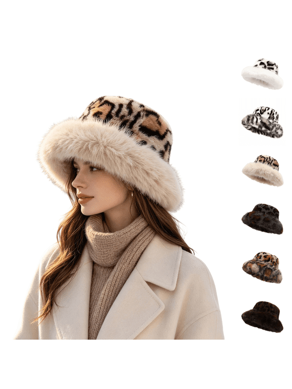 Winter Leopard Print Fluffy Bucket Hat for Men Women, Thick Furry Trim Fisherman Cap with Ear Flaps, Soft Plush Warm Snow Hat for Outdoor Ski Daily Wear Dark Gray