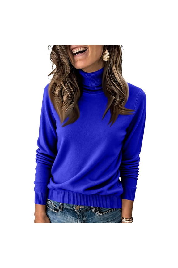 Woman Turtleneck Sweater Fitted Knitted Women's Long Sleeve Tops Soft Basic Spring Trendy Mock Neck Womens Blouses Blue L