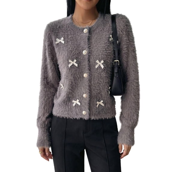 Garbnen Women Cardigan Sweater Bow Knot Long Sleeve Open Front Women Cardigans Lightweight Button Down Crew Neck Dressy Fall Winter Outwear Gray Cardigans for Women Knit Coat L