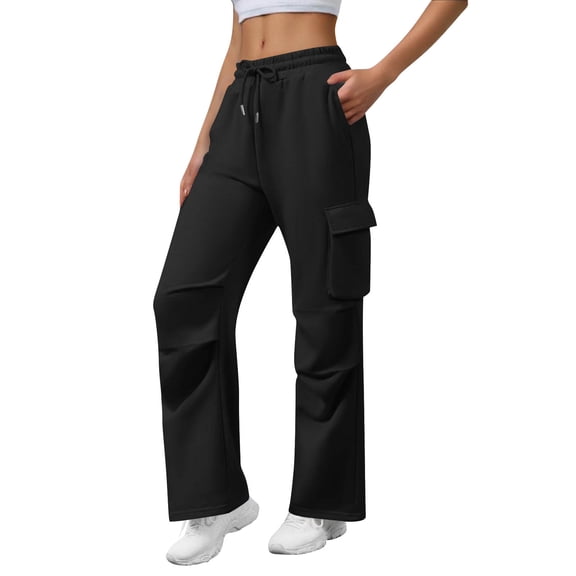 Garbnen Women Cargo Pants Drawstring Baggy Women Wide Leg Pants Spring Fleece Joggers Pants for Women with Multiple Pockets