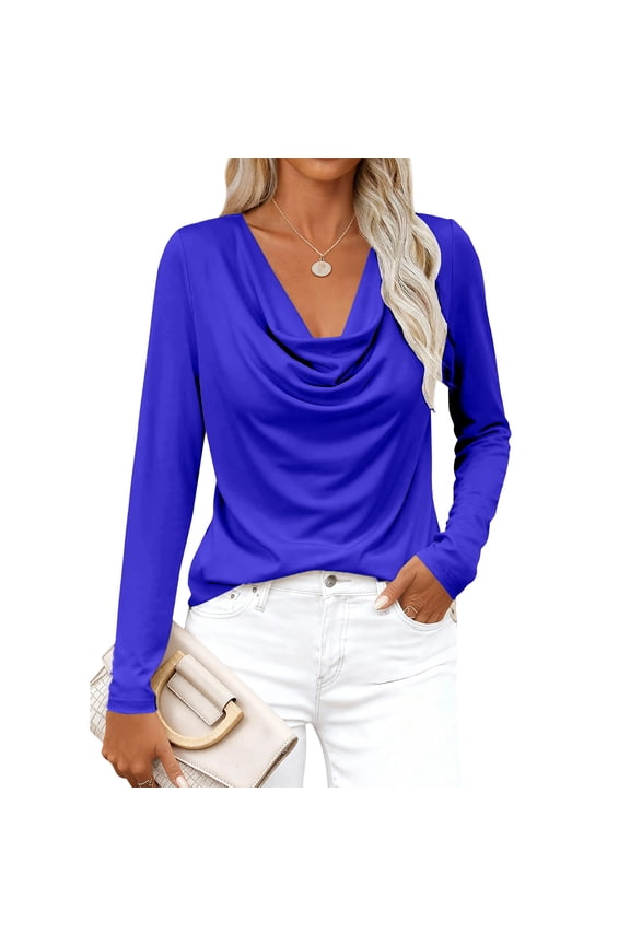 Women Cowl Neck Tops Drape Ruched Front Womens Long Sleeve V Neck Shirts Fitted Spring Fashion Women Tunics Blue M