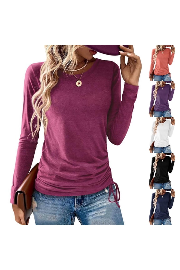 Women Long Sleeve Tops Blue Side Drawstring Crewneck Shirts for Women Fall Winter Basic Pullover Tops for Women
