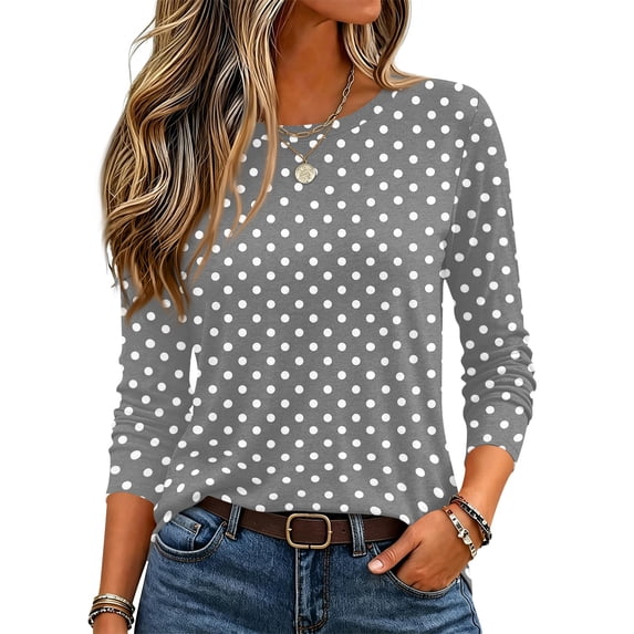 Garbnen Women Long Sleeve Tops Polka Dot Crew Neck Shirts for Women Basic Fall Winter Casual Business Fashion Tunics Tops for Women Black L