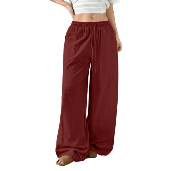 Garbnen Women Pants Linen Casual Baggy Drawstring Womens Pants Wide Leg Travel Summer Beach Womens Trouser Pants with Pocket