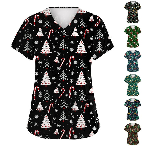 Garbnen Women Scrub Tops Merry Christmas Scrub Tops for Women Short Sleeve V Neck Snowman Print Nurse Uniforms with Pockets