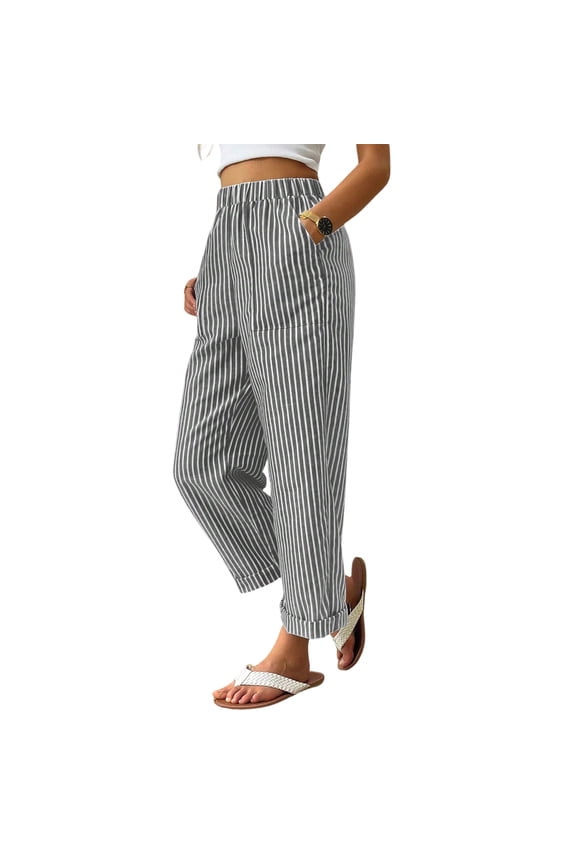 Women Striped Pants Wide Leg Palazzo Pants Women Elastic Waist Breathable Summer Outdoor Women’s Trousers with Pockets Gray XXL