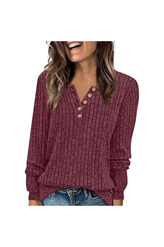 Women Sweater Ribbed Knit Basic Henley Womens Long Sleeve Tops Lightweight Soft Fall Winter Warm Fashion Tunic Top Red L