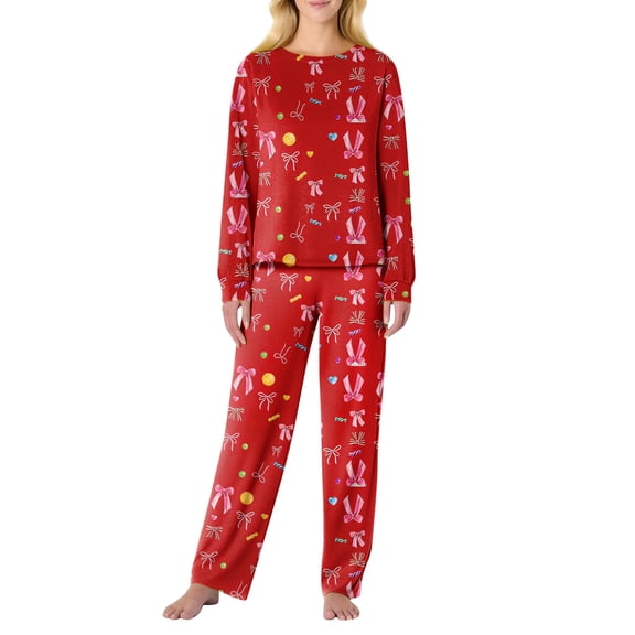 Garbnen Women Valentine Pajamas Set Bow Print Crew Neck Long Sleeve Top and Pajama Pants Spring Summer Pjs Lounge Set