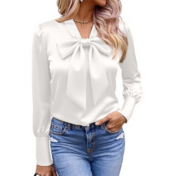 Garbnen Women's Bow Tie Neck Satin Shirts Dressy Elegant Long Sleeves Shirts for Women Spring Summer Women's Tunic, White S