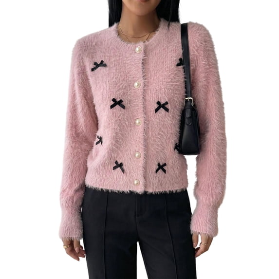 Garbnen Women's Cardigan Sweaters Bow Knot Long Sleeve Open Front Cardigan Lightweight Button Down Crew Neck Fashion Fall Winter Outwear Pink Cardigans for Women Knit Jacket Women L