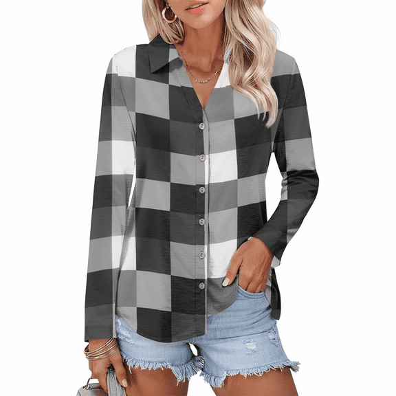 Garbnen Women's Collared Shirts Plaid Color Block Women Button Down Shirt Spring Summer Dressy Long Sleeve Tops for Women