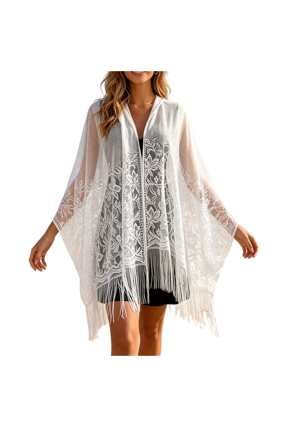 Women's Hollow Out Lace Wrap with Tassel Lightweight Sheer Sun Protection Beach Shawl White