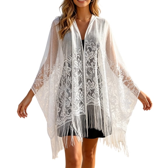 Garbnen Women's Hollow Out Lace Wrap with Tassel Lightweight Sheer Sun Protection Beach Shawl White
