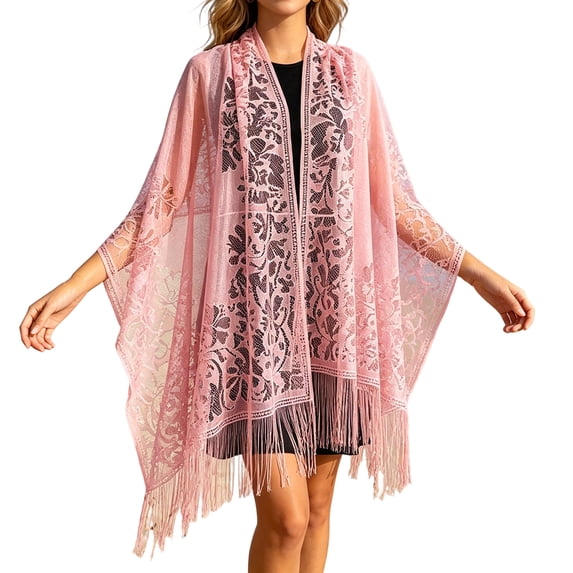 Garbnen Women's Lace Cover Up with Tassel Lightweight Sheer Outdoor Sun Protection Beach Wrap Shawl