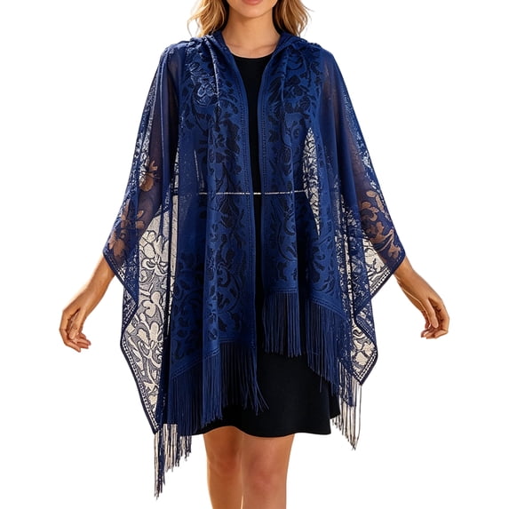 Garbnen Women's Lace Cover Up with Tassel Lightweight Sheer Sun Protection Beach Wrap Shawl Blue