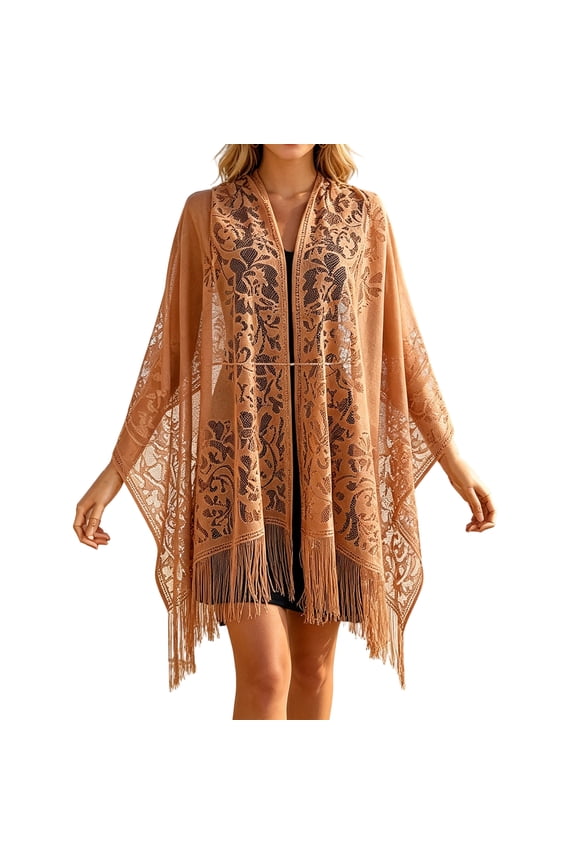 Women's Lace Cover Up with Tassel Lightweight Sheer Sun Protection Beach Wrap Shawl
