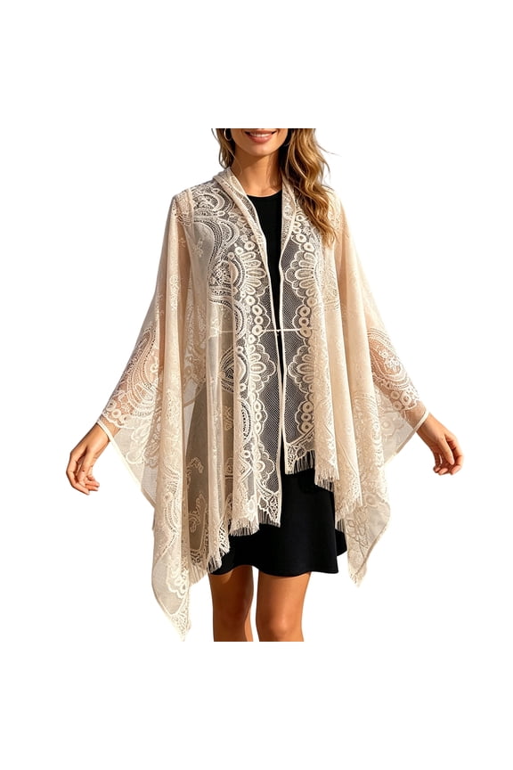 Women's Lace Shawl Wraps Lightweight Sheer Hollow Out Tassel Sun Protection Beach Cover Up Beige