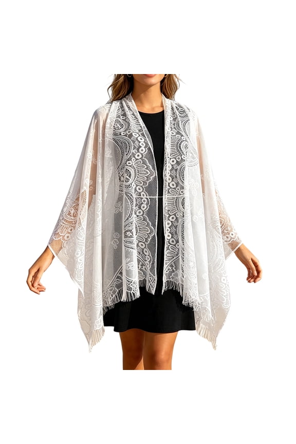 Women's Lace Shawl Wraps Lightweight Sheer Hollow Out Tassel Sun Protection Beach Cover Up White