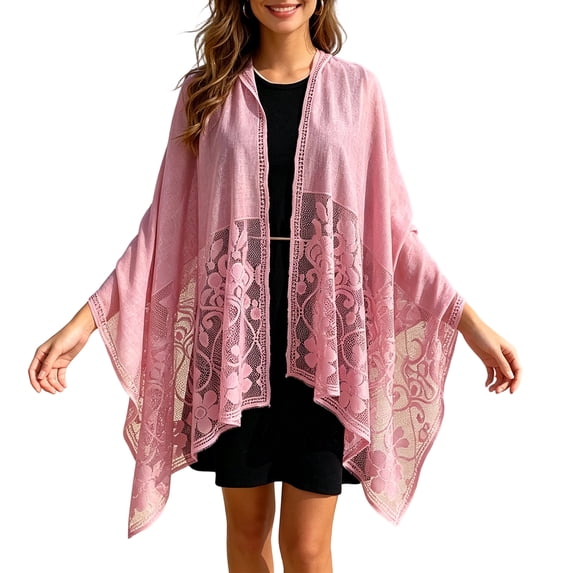 Garbnen Women's Lightweight Sheer Lace Wrap Cover Up Hollow Out Tassel Outdoor Sun Protection Beach Shawl for Vacation