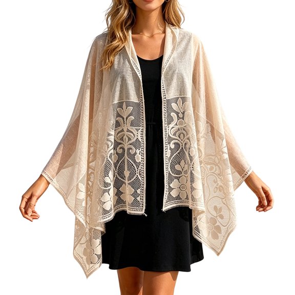 Garbnen Women's Lightweight Sheer Lace Wrap Cover Up Hollow Out Tassel Sun Protection Beach Shawl for Vacation Beige