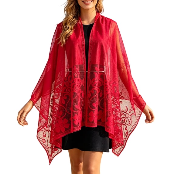 Garbnen Women's Lightweight Sheer Lace Wrap Cover Up Hollow Out Tassel Sun Protection Beach Shawl for Vacation Red