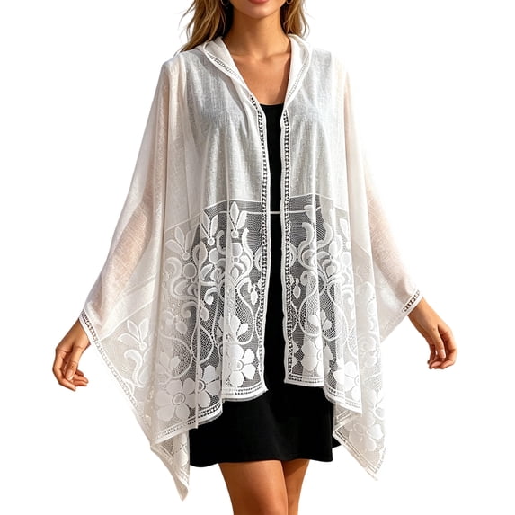 Garbnen Women's Lightweight Sheer Lace Wrap Cover Up Hollow Out Tassel Sun Protection Beach Shawl for Vacation White