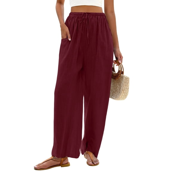 Garbnen Women's Linen Pants Drawstring Loose Comfy Womens Pants Wide Leg Summer Beach Vacation Womens Trouser Pants with Pocket