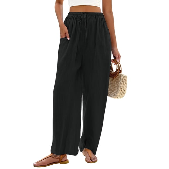 Garbnen Women's Linen Pants Drawstring Loose Comfy Womens Pants Wide Leg Travel Summer Beach Women’s Trousers with Pocket