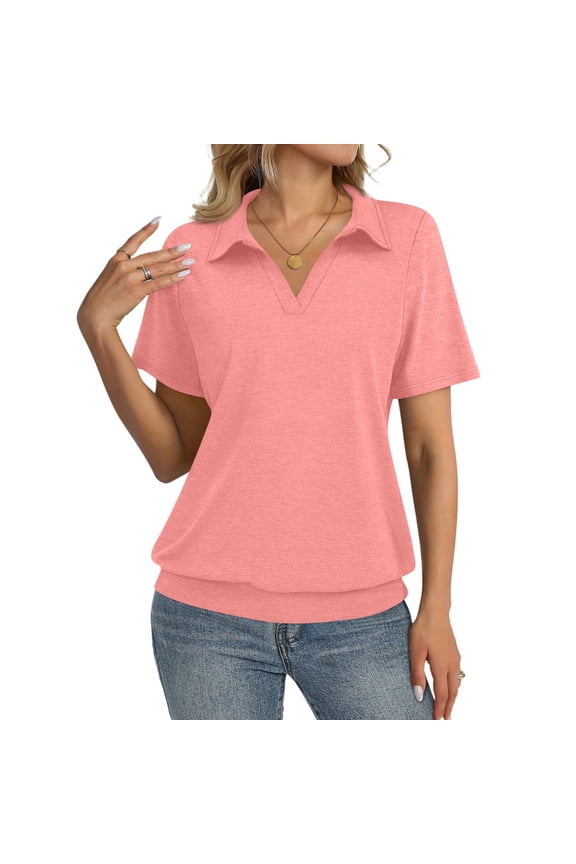 Women's Polo Shirt Fitted Dressy Collared Short Sleeve Shirt Women V Neck Spring Summer Business Blouse for Women