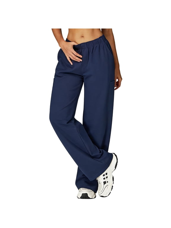 Women's Scrub Pants Quick Drying Wide Leg Cargo Pants for Women Elastic Waist Work Nurse Uniform Pants with Multi Pocket Blue L