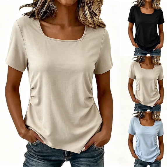 Garbnen Women's Square Neck T-Shirt Short Sleeve Ruched Side Casual Tee Basic Solid Color Top for Daily Wear Beige M